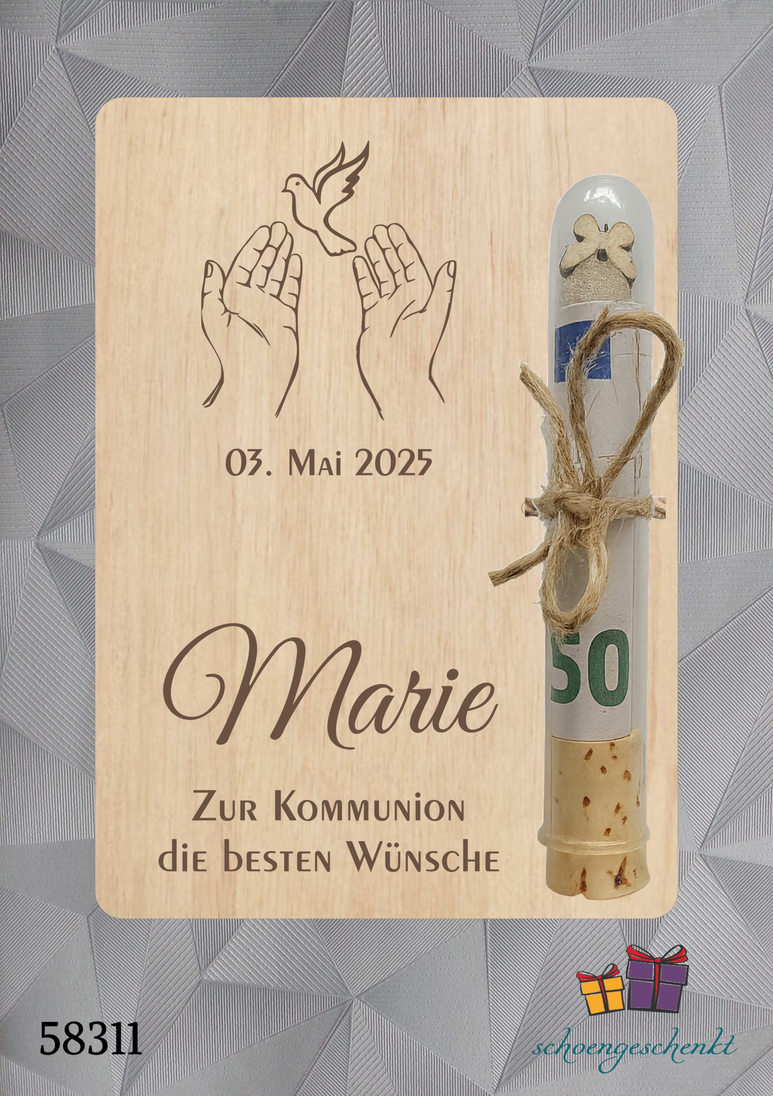 Zur Kommunion personalisiert 🕊️ Taube in den Händen - Geldgeschenkkarte