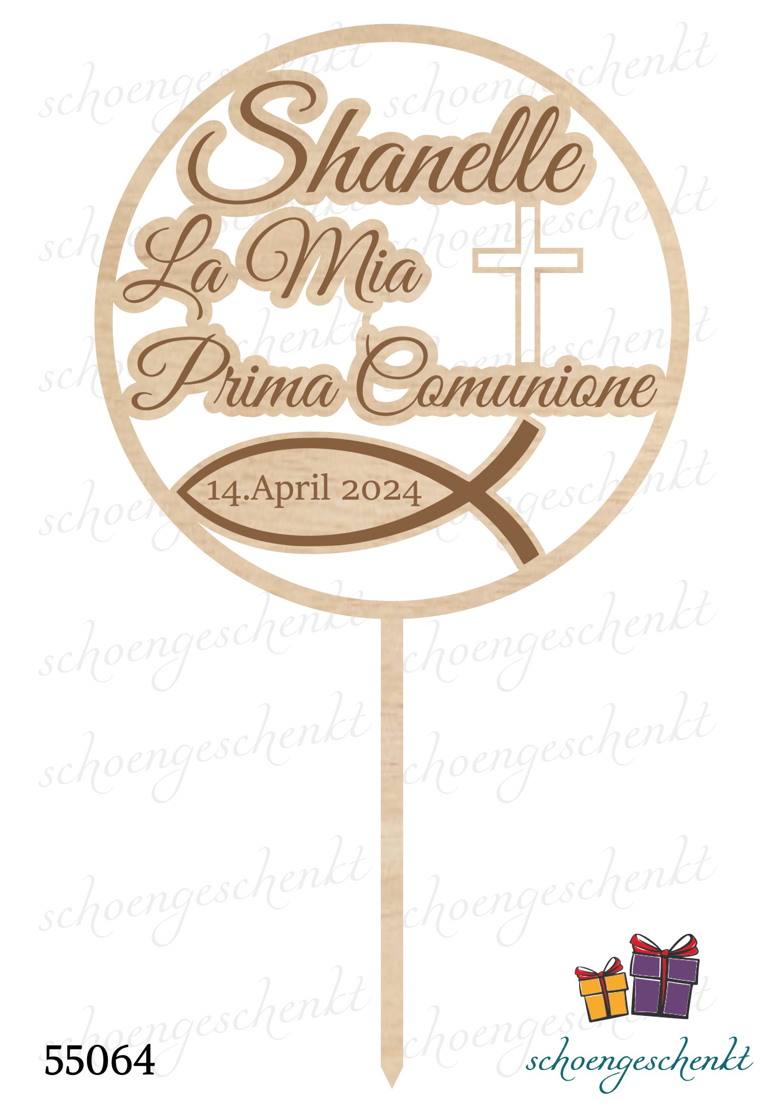 Cake Topper zur Kommunion - Italienisch mit Namen, Datum, Kreuz und Fischsymbol im runden Rahmen